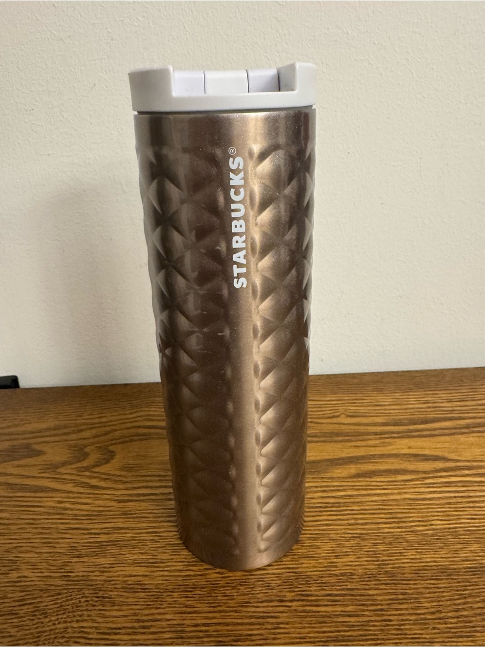 Starbucks Bronze Quilted Diamond Stainless Steel Travel Tumbler Mug White Lid 16